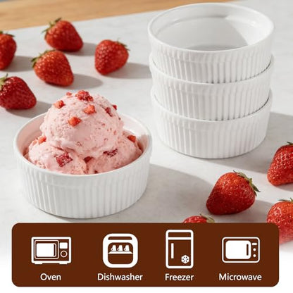 Cinf White 10 oz Set of 4 Souffle Dishes Ramekins Oven Microwave Safe Bowls Creme Brulee Sauce Cups for Baking Cooking Porcelain Individual Serving Size for Desserts