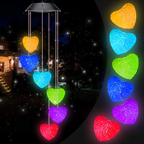 PACETAP Heart Solar Wind Chimes Outdoor Decorations, Valentine's Day Waterproof LED Color Changing Lights, Outside Yard Mobile Wind Chime Decor for Mom Grandma Women Wife Sister