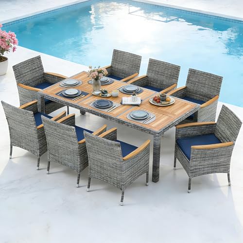 COSTWAY 9-Piece Patio Dining Set for 8, Outdoor Rattan Wicker Table and Chairs Furniture Set with Umbrella Hole, Acacia Wood Tabletop for Backyard, Balcony, Poolside, Grey & Navy