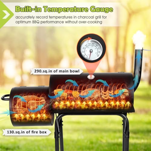 HaSteeL Outdoor Charcoal Grill with Cover, Large Barrel BBQ Grill with Offset Smoker, Great for Camping Patio Backyard Garden Party Picnic Beach, Large 420.SQ.IN Cooking Area, 2 Screwdrivers - Black