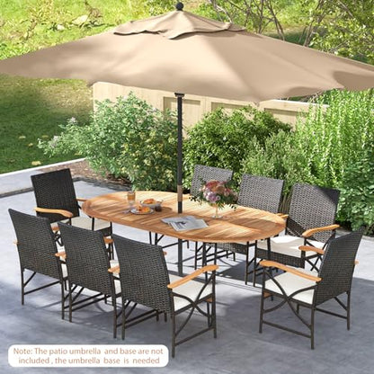 Tangkula 9 Pieces Patio Rattan Dining Set, Outdoor Oval Acacia Wood Dining Table and 8 Patio Wicker Armchairs Set with Umbrella Hole, Cushions, Metal Frame, Outdoor Dining Furniture Set for Garden