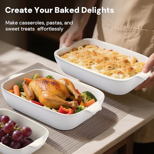 Fakafa Ceramic Casserole Dishes Set of 3, Stoneware Baking Pans for Oven, Rectangular Lasagna Dish & Bakeware Set, Pink (14.7’’/12.4’’/10.3’’)