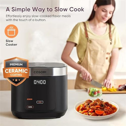 Cosori Rice Cooker 10 Cup, 24h Keep Warm, Non-stick Ceramic Inner Pot, 18 Functions Fuzzy Logic Rice Maker with Stainless Steel Steamer Basket, Sauté, Slow Cooker, Black