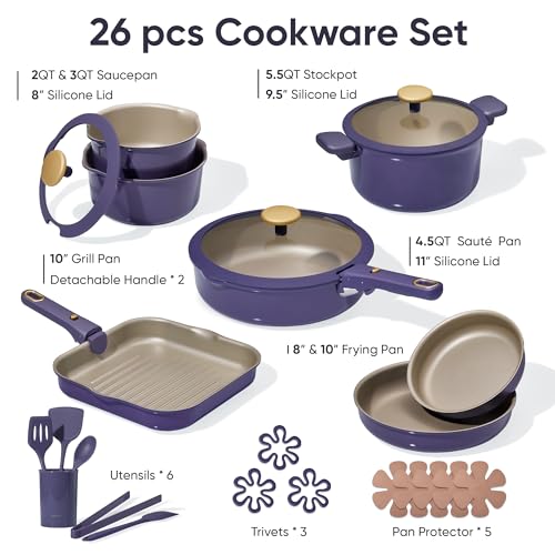 CAROTE 26 Pcs Pots and Pans Set, Nonstick Cookware Sets with Detachable Handle, Purple Dishwasher Safe, Oven Safe, Cookware Non Stick Cooking Set w/Frying Pans & Saucepans(PFOS, PFOA Free)
