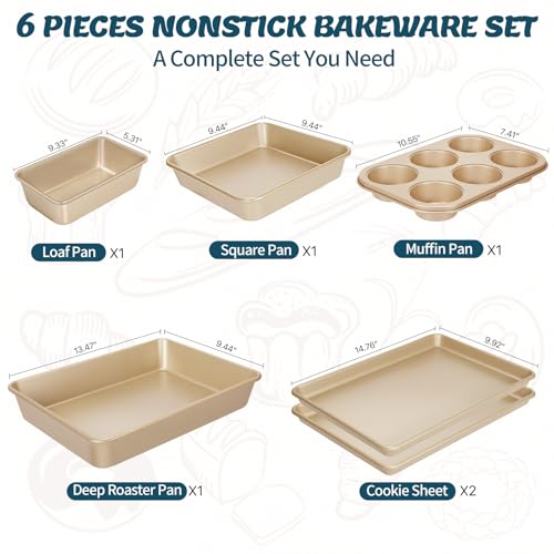 Baking Pans Set, Nonstick Stackable Bakeware Sets, Oven Pans for Cooking, AIVIKI 6 Pieces Baking Sheets Set Including Cookie Sheet, Deep Roaster Pan, Square Pan, Loaf Pan, Muffin Pan, Carbon Steel
