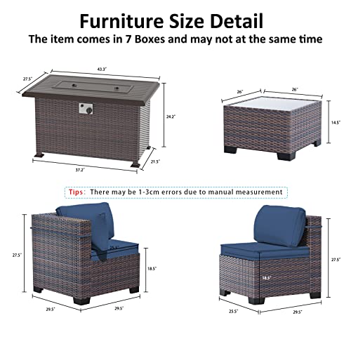 ASJMR Outdoor Patio Furniture Set with Gas Fire Pit Table, 13 Pieces Outdoor Furniture Set Patio Sectional Sofa w/43in 55000 BTU Propane Fire Pit, PE Wicker Rattan Patio Conversation Sets - Dark Blue