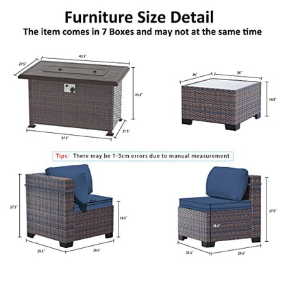 ASJMR Outdoor Patio Furniture Set with Gas Fire Pit Table, 13 Pieces Outdoor Furniture Set Patio Sectional Sofa w/43in 55000 BTU Propane Fire Pit, PE Wicker Rattan Patio Conversation Sets - Dark Blue