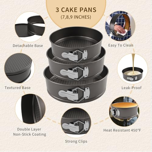 Yumatouch 122PCs Cake Pan Sets for Baking, 7/8/9 Inch Round Cake Pans, Nonstick Springform Cake Pans, Cheesecake Baking Pans with 100 Pcs Piping Bags, 16 Pcs Nozzles, 3 Pcs Scrappers