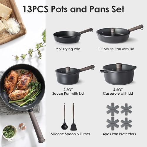 SENSARTE 13Pcs Pots and Pans Set Nonstick Cookware Set Kitchen Cooking Frying Pans with Stay-cool Handle, Dishwasher Safe, Induction Compatible, PFOA/PFOS Free, Black