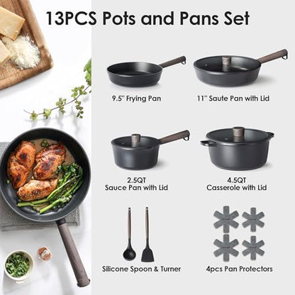 SENSARTE 13Pcs Pots and Pans Set Nonstick Cookware Set Kitchen Cooking Frying Pans with Stay-cool Handle, Dishwasher Safe, Induction Compatible, PFOA/PFOS Free, Black