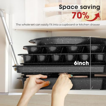 Slow Slog 11-Piece Baking Pans Set, Nonstick Bakeware Sets, Oven Pans for Baking with Silicone Handles, Includes Cookie Sheet, Cake Pans, Loaf Pan, Pizza Pan, Muffin Pan, Khaki&Black