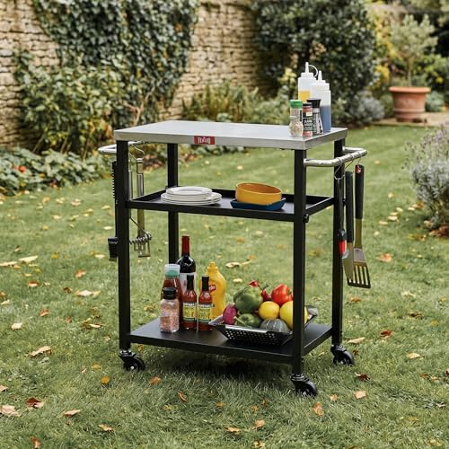 Feasto 3-Tier Outdoor Grill Cart, Rolling Pizza Oven Table with Compact 26.6" x 16.1" Stainless Top for Pizza Ovens & Griddles, Outdoor Bar Cart with S-Hooks for Patio Parties, Deck Dining & Camping