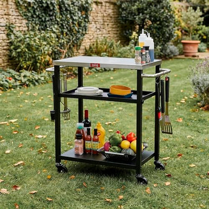 Feasto 3-Tier Outdoor Grill Cart, Rolling Pizza Oven Table with Compact 26.6" x 16.1" Stainless Top for Pizza Ovens & Griddles, Outdoor Bar Cart with S-Hooks for Patio Parties, Deck Dining & Camping