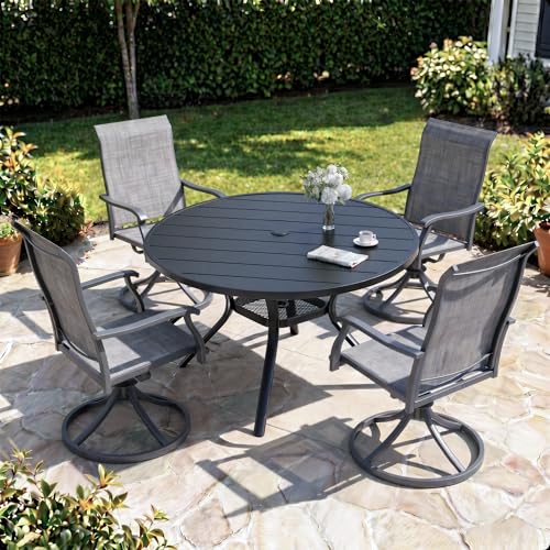 bigget 5 Piece Patio Dining Set for 4, Round Patio Table with Umbrella Hole and Highback Swivel Chairs 450LBS, All Weather Durable Sturdy Powder-Coate 4 Person Outdoor Dining Set for Outside, Grey