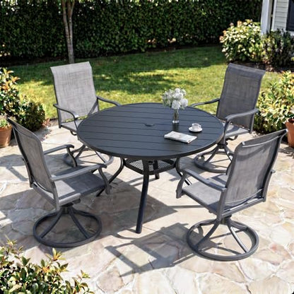 bigget 5 Piece Patio Dining Set for 4, Round Patio Table with Umbrella Hole and Highback Swivel Chairs 450LBS, All Weather Durable Sturdy Powder-Coate 4 Person Outdoor Dining Set for Outside, Grey