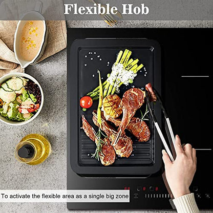 Karinear Induction Cooktop 4 Burner, 7400W 24'' Built-in Induction Stovetop with Flex Zone,Child Safety Lock, Timer, Boost, Slider Control Black Glass Electric Cooktop 240V Hard Wire(come with a pot)