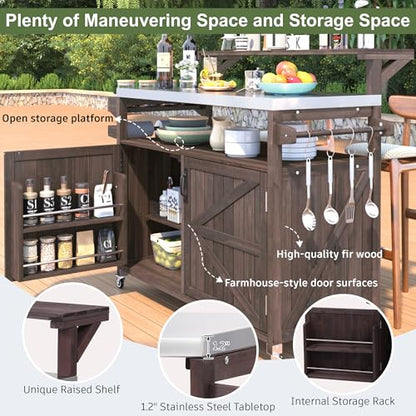 Outdoor Kitchen Island with Stainless Steel Top, 53.3" Rolling Grill Cart with Adjustable Shelves, Raised Shelf, Lockable Wheels, Portable Outdoor Table and Bar Storage Cabinet for Patio