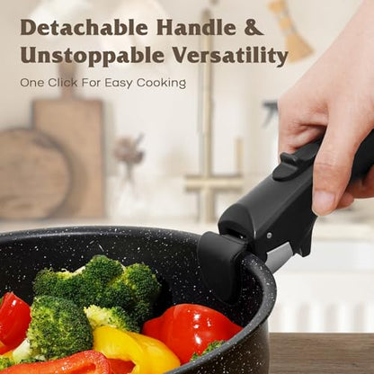 SODAY 17 Pcs Pots and Pans Set Non Stick, Cookware Sets with Detachable Handle, Nonstick RV Kitchen Cooking Tools Removable Handles, Oven Safe, Induction Fast, Stackable Induction Cookware, Black