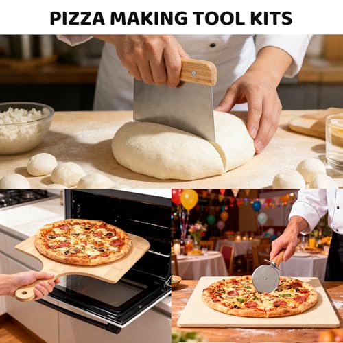 5 PCS Pizza Stone Set for Oven and Grill, Pizza Making Tools with 15" Baking Stone, Pizza Peel, Pizza Cutter Wheel, Oven brush, Scraper, for Pizza & Bread,Grill