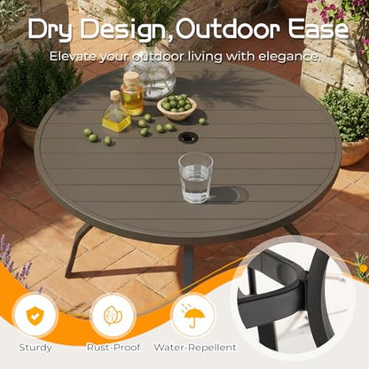 EROMMY 5-Piece Outdoor Patio Dining Set, 4 Wicker Swivel Rocking Chairs with 4" Cushions, 42" Round Table with Adjustable Umbrella Hole for Yard, Backyard, Black