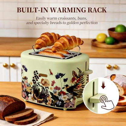 INFOOD Retro Toaster 2 Slice - 6 Toast Settings, Cancel/Defrost/Reheat Buttons, Built-in Warming Rack & Removable Crumb Tray, 1.5 Inches Extra Wide Slots, 750W, Floral Design