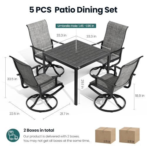 Pamapic 5-Piece Outdoor Dining Set, All Weather Patio Table and Chairs Set with Umbrella Hole, Wood-Like Metal Table and 4 360° Swivel Textilene Chairs for Backyard, Poolside, Deck, Porch, Grey