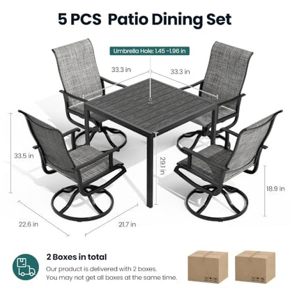 Pamapic 5-Piece Outdoor Dining Set, All Weather Patio Table and Chairs Set with Umbrella Hole, Wood-Like Metal Table and 4 360° Swivel Textilene Chairs for Backyard, Poolside, Deck, Porch, Grey