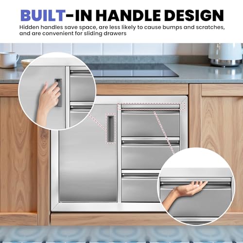 28"×19.7"×22" Outdoor Kitchen Cabinets, 304 Stainless Steel Cabinet, No Assembly Flush Mount Outdoor Kitchen Drawers Combo with Silent Triple Drawers & Access Door for BBQ Island Indoor Kitchen