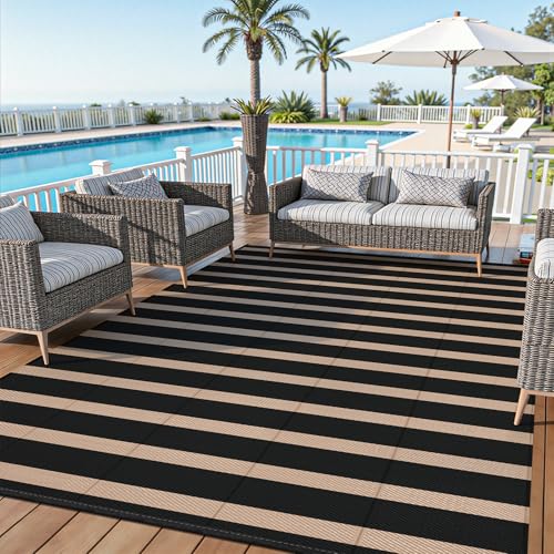 Vaukki Waterproof Outdoor Rug 5x8, Reversible Striped Patio Rug, Lightweight Plastic Straw Camping Mat, Indoor Outdoor RV Carpet for Outsides, Patio, Camping, Balcony, RV and Deck, Black and Beige