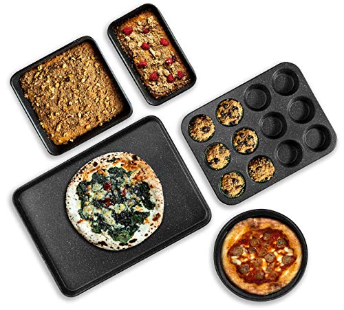 Granitestone Ultra Nonstick Bakeware Set, 5 Piece Dishwasher Safe Baking Pans Set with Muffin Pan, Loaf Pan, Round Baking Tray & Baking Sheet for Oven with Even Heating &No Warp Technology