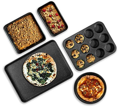 Granitestone Ultra Nonstick Bakeware Set, 5 Piece Dishwasher Safe Baking Pans Set with Muffin Pan, Loaf Pan, Round Baking Tray & Baking Sheet for Oven with Even Heating &No Warp Technology