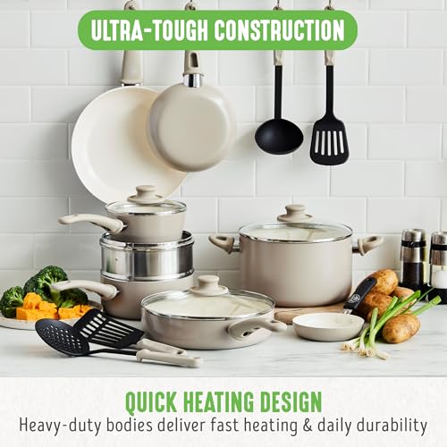 GreenLife 16 Piece Nonstick Cookware Set, Soft Grip Non-Toxic PFAS-Free Ceramic Pots & Pans, Dishwasher & Oven Safe, Frying, Sauce, Saute, Utensils, Glass Lids, Stay-Cool Handles, Wobble Free, Taupe