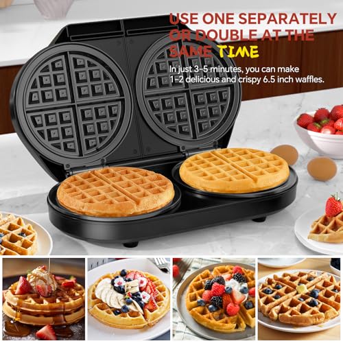 Double Waffle Maker, 6.5" Dual Waffle Iron, 1200W Belgian Waffle Maker with Nonstick Plates, 2 Independent 5-Level Adjustable Temp Knobs, Easy to Clean, Stainless Steel