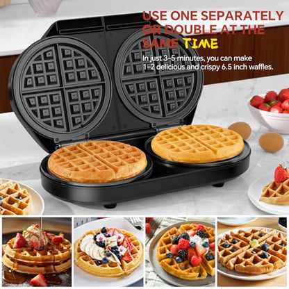 Double Waffle Maker, 6.5" Dual Waffle Iron, 1200W Belgian Waffle Maker with Nonstick Plates, 2 Independent 5-Level Adjustable Temp Knobs, Easy to Clean, Stainless Steel
