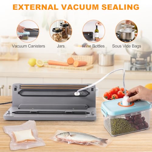 Mieja Food Vacuum Sealer Machine, 5-in-1 Dry & Moist Modes Automatic One-Touch Sealer with Built-in Cutter, External Hose for Jars, 20 BPA-Free Bags, Compact for Sous Vide, Meal Prep & Freezer Storage