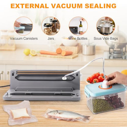 Mieja Food Vacuum Sealer Machine, 5-in-1 Dry & Moist Modes Automatic One-Touch Sealer with Built-in Cutter, External Hose for Jars, 20 BPA-Free Bags, Compact for Sous Vide, Meal Prep & Freezer Storage