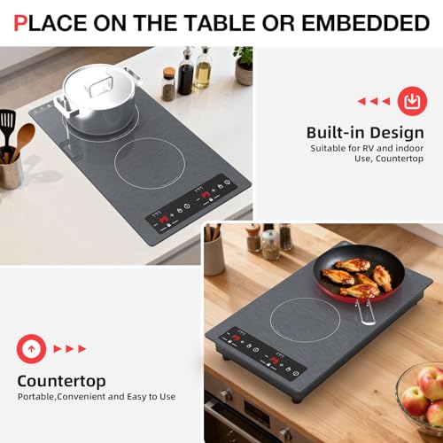 Double Induction Cooktop 110v-120v, GTKZW 2300W Electric Cooktop 20 inch Hot Plate Electric Stove Top with Plug in, Built-in and Countertop, 9 Power Levels, Timer & Safety Lock