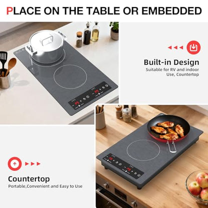 Double Induction Cooktop 110v-120v, GTKZW 2300W Electric Cooktop 20 inch Hot Plate Electric Stove Top with Plug in, Built-in and Countertop, 9 Power Levels, Timer & Safety Lock