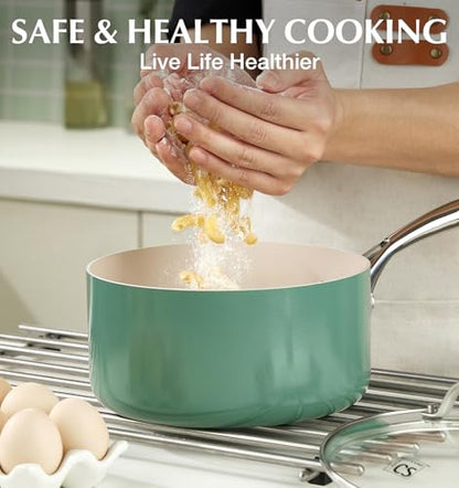 KOCH SYSTEME CS Nonstick Sauce Pan with Lid 1QT, 2QT & 3QT, Ceramic Saucepan Set 6Pcs, Non-Toxic Saucepan Set, Cooking Pots Set, Oven Safe & Induction Compatible, Green