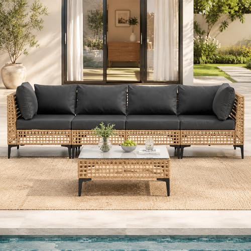 WiNVO 5-Piece Outdoor Wicker Patio Sectional Furniture Set, Grey