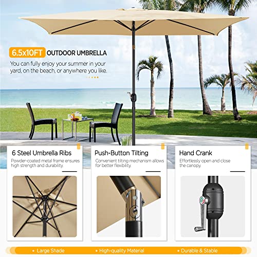 Yaheetech 6.5x10FT Rectangular Outdoor Patio Umbrella Large Market Umbrella w/Push Button Tilt & Crank Lift System & 6 Sturdy Ribs for Garden/Lawn/Beach/Pool/Deck/Backyard - Tan