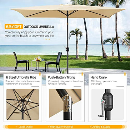 Yaheetech 6.5x10FT Rectangular Outdoor Patio Umbrella Large Market Umbrella w/Push Button Tilt & Crank Lift System & 6 Sturdy Ribs for Garden/Lawn/Beach/Pool/Deck/Backyard - Tan