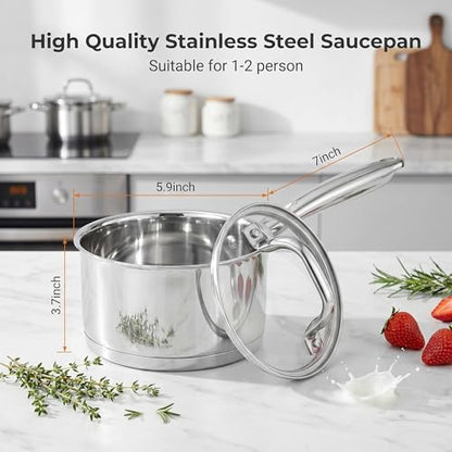 LIANYU 1 Quart Stainless Steel Saucepan, Small Sauce Pan with Lid, Tri-Ply Bottom Multipurpose Pot for Cooking, Straight Side, Dishwasher Safe, Compatible with All Cooktops