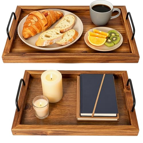 Besti Rustic Vintage Food Serving Trays (Set of 2) | Nesting Wooden Board with Metal Handles | Stylish Farmhouse Decor Serving Platters | Large: 15 x2 x11” - Small: 13 x2 x9” (Rustic Light Brown)