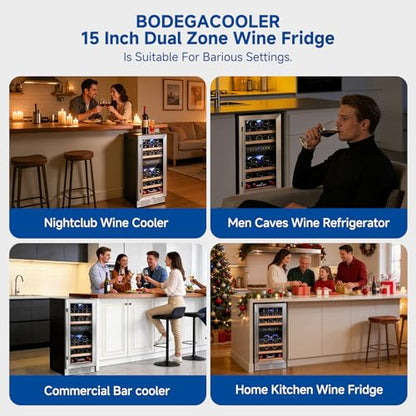 BODEGA 15 Inch Wine Fridge, 30 Bottle Dual Zone Wine Cooler, 41-72℉ Compressor Wine Refrigerator with Tempered Glass Door, Built-in or Freestanding Wine Cooler for Home Kitchen Bar (3.2 cu.ft).
