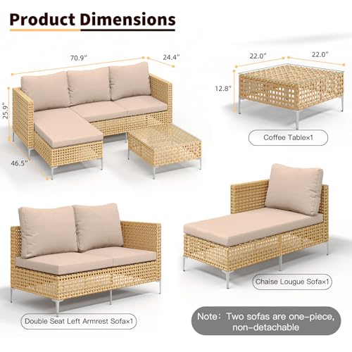 Ophelian Small L-Shaped Patio Furniture Set - Weather Resistant Wicker Sectional Chaise Sofa with Thick Cushions & Tempered Glass Coffee Table for Small Spaces, Balcony, Apartment