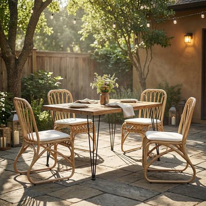 Christopher Knight Home Busby Acacia Wood Patio Dining Set for 4, Square Patio Dining Table and PE Wicker Chairs Set of 4, 5 Piece Outdoor Dining Set with Cushion, Teak+Light Beige