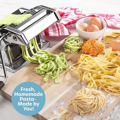 Pasta Maker Deluxe Set- Stainless Steel Machine w 3 Interchangeable Attachments- Make 5 Different Pastas- Spaghetti Fettuccini Angel Hair Ravioli Lasagnette- Durable Cutters for Adjustable Thicknesses
