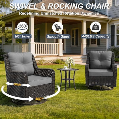 ASJMR 11-Piece Patio Furniture Set, Outdoor Thick Wicker Sectional Sofas with Swivel Chairs, High Back Sectional Couch with Fire Pit Table, Outdoor Conversation Set for Backyard, Porch, Deck, Grey