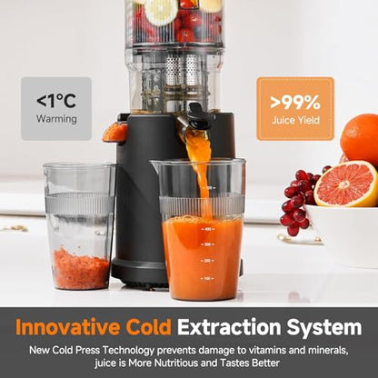 Cold Press Juicer Machines with 5.4" Wide Feed Chute, Slow Masticating Juicer Extractor for Whole Fruits & Vegetables, Quiet Motor, Easy to Clean with Brush, High Juice Yield, Black
